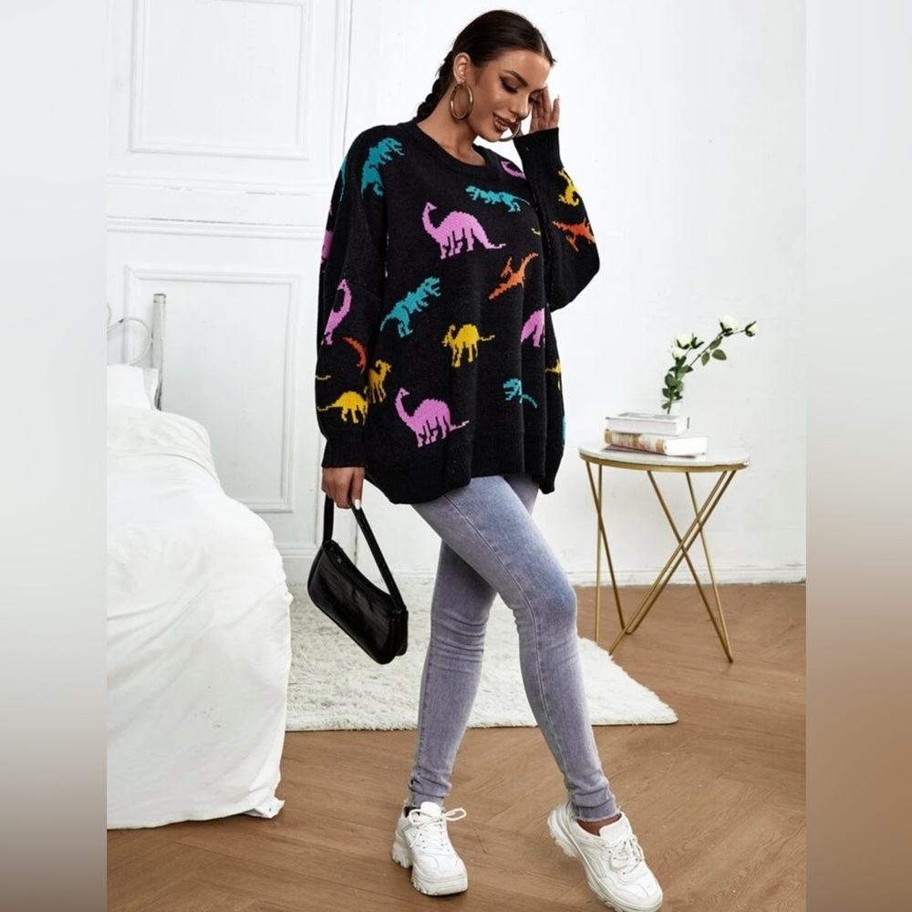 Oversized Dino Pattern Drop Shoulder Sweater - Picture 3 of 6
